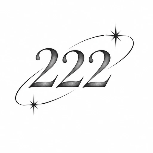 Tattoo design of number 222 with orbiting elliptical line and two star shapes.