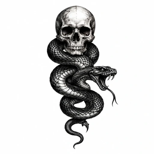 Black and white tattoo design of a detailed skull with a coiling snake wrapped around it, the snake showing fangs and forked tongue.