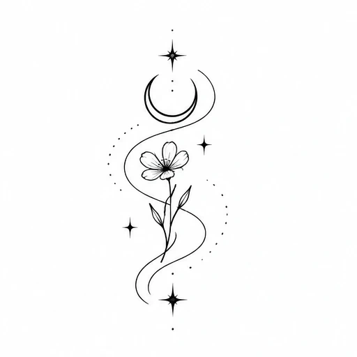 Fine line tattoo of crescent moon, single flower with leaves, stars, and dotted trail in black ink.