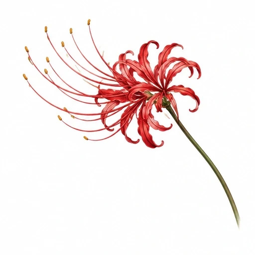 Red spider lily flower with long curved petals and extended stamens on a green stem