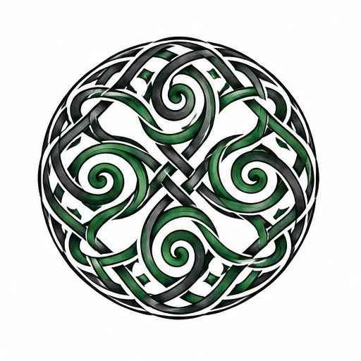 Circular Celtic tattoo design with intertwining black and green spirals and knotwork
