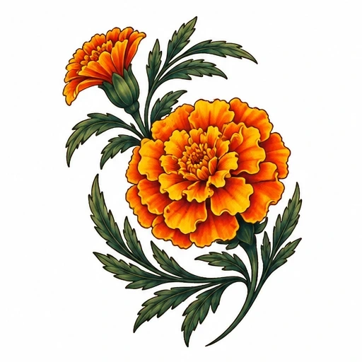 Illustration of bright orange marigold flowers with detailed green leaves and curved stems on a white background.
