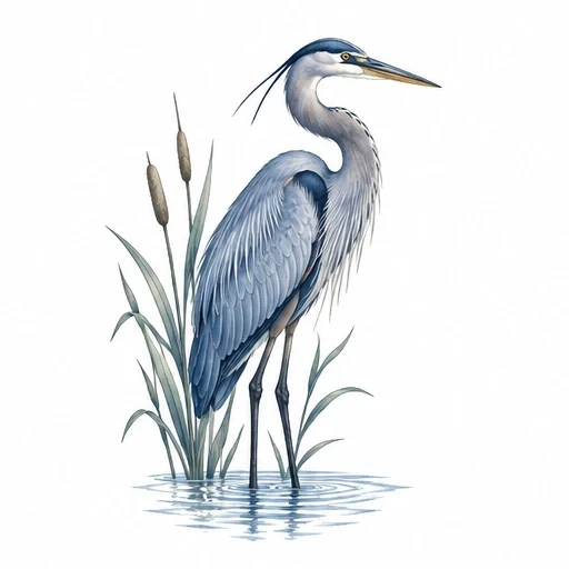 Blue heron bird tattoo design with cattails and water reflections