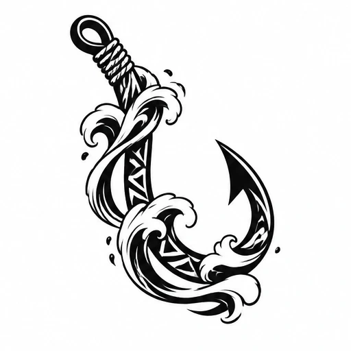 Black tribal fish hook tattoo with ocean waves and rope detail