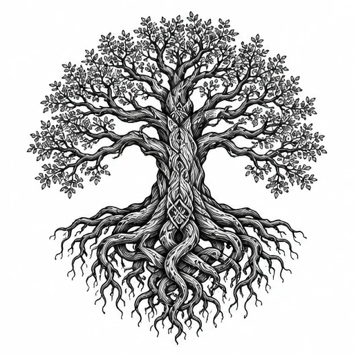 Black and white detailed Yggdrasil tree tattoo with Celtic knot trunk and dense leaves