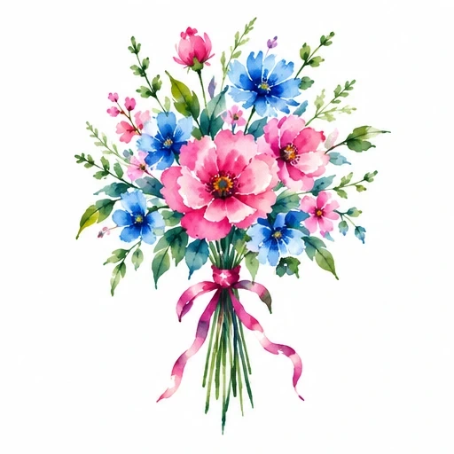 Watercolor floral bouquet with pink and blue flowers tied with a pink ribbon