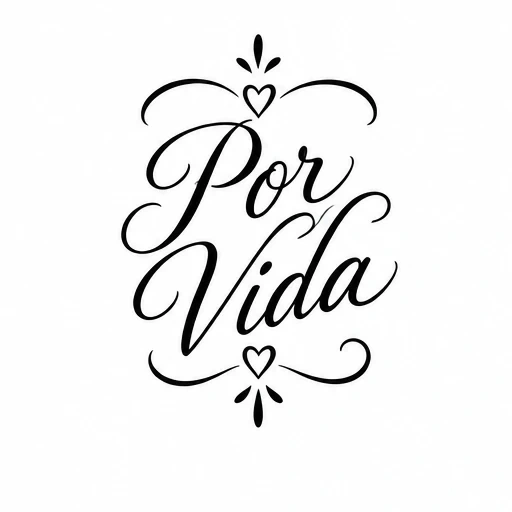 Black script tattoo reading 'Por Vida' with hearts and ornamental swirls above and below.