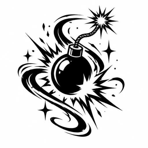 Black bomb with lit fuse exploding surrounded by pointed sparks and swirling smoke lines