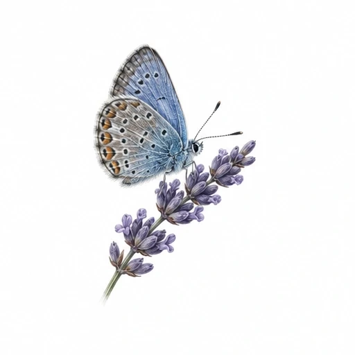 Micro-realistic butterfly with blue and grey wings atop delicate purple lavender flowers.