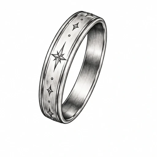 Tattoo design of a silver wedding band with star decorations and shaded metallic shine