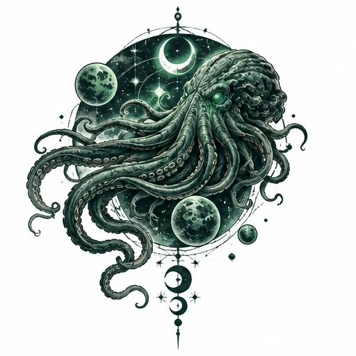 Illustration of Cthulhu with extended tentacles surrounded by moons and stars within a circular frame
