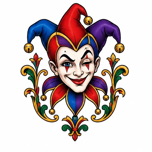 Winking jester wearing a red, purple, and blue hat with gold bells and a matching ornate collar, surrounded by decorative green, red, and gold flourishes.