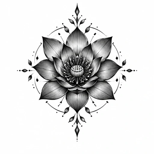 Black lotus flower tattoo design with fine shading surrounded by symmetrical ornamental vines and circular line art.