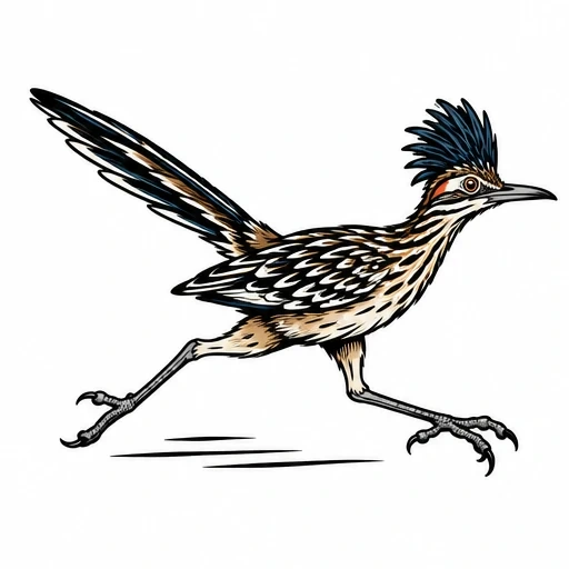 Stylized roadrunner bird running with detailed black and brown feathers and a prominent blue-black crest