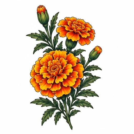 Tattoo illustration of two marigold flowers with two buds and green leaves, in vibrant orange and yellow hues