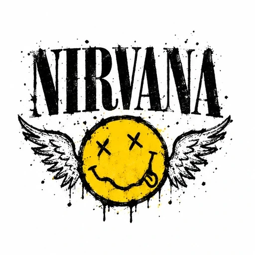 Smiley face with crossed eyes and tongue out, wings on sides, 'NIRVANA' text above in bold black letters with splatters