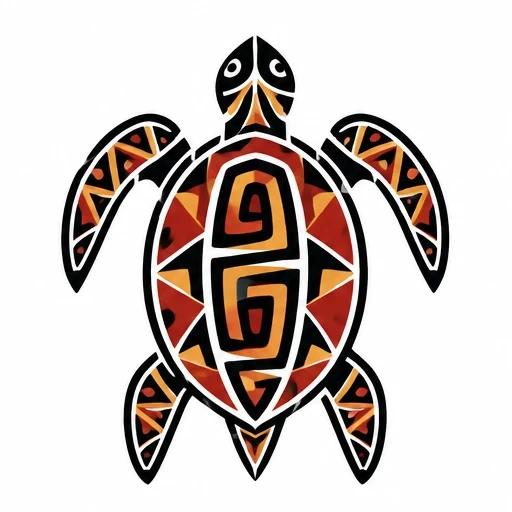 Taino style turtle illustration with bold black, red, and orange geometric patterns