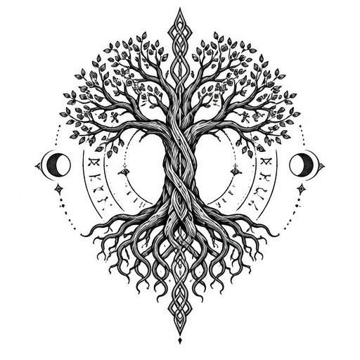 Black ink Yggdrasil tree tattoo design with intertwining roots and branches, surrounded by crescent moons and runic symbols in a circular pattern.