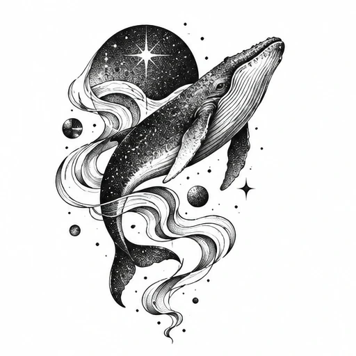 Black ink tattoo design of a humpback whale with cosmic dots, stars, planets, and flowing ribbon shapes.