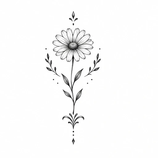 Fine line drawing of a daisy flower with stem, leaves, and ornamental leaf motifs in black ink.