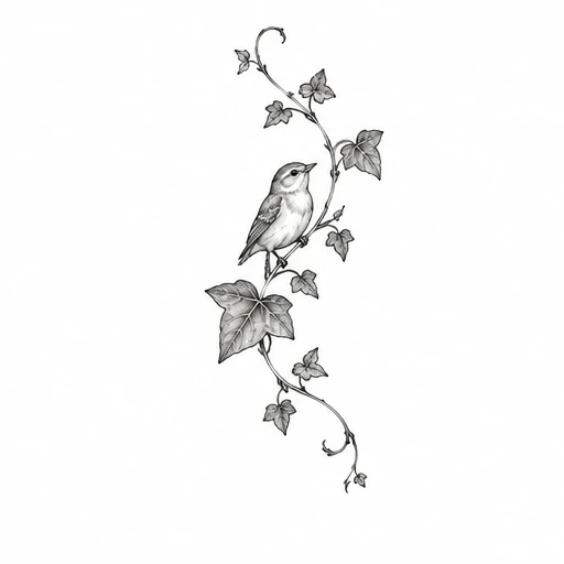 Fine line tattoo of a small bird sitting on a curling ivy vine with detailed leaves