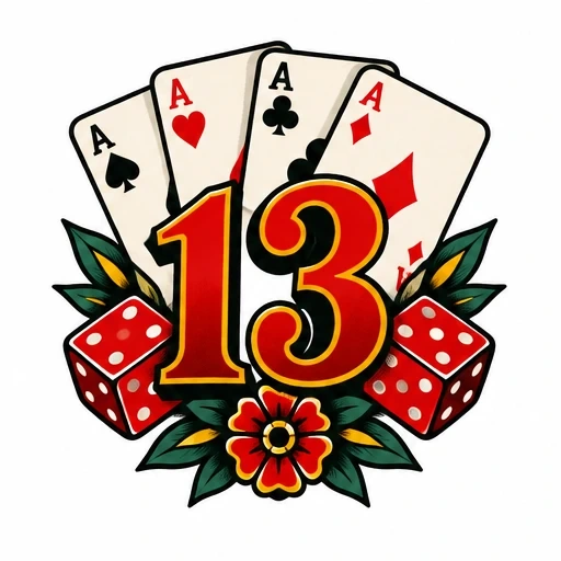 Lucky 13 tattoo design with four aces, red dice, green leaves, and a red flower