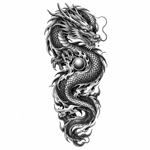 Black and grey Chinese dragon tattoo coiled around a flame pearl with intricate scales and flames