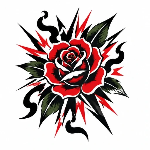 Red rose with black and white shading surrounded by sharp black and red lightning bolts and green leaves.