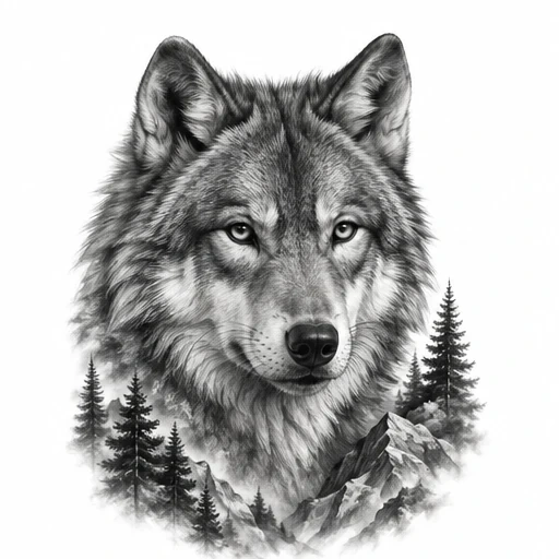 Black and grey realistic tattoo of a wolf's face above pine trees and mountains in mist.