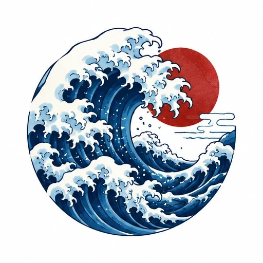 Circular Japanese-style blue ocean wave with white frothy peaks and a red sun behind