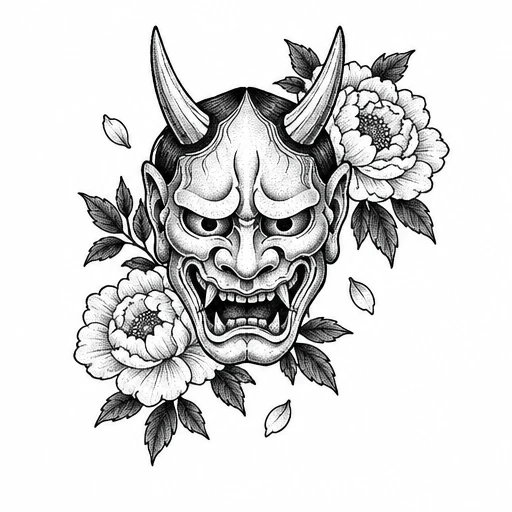 Black and white drawing of a Hannya mask surrounded by peonies and leaves