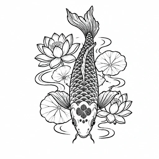Black and white tattoo design of koi fish swimming with lotus flowers and lily pads.