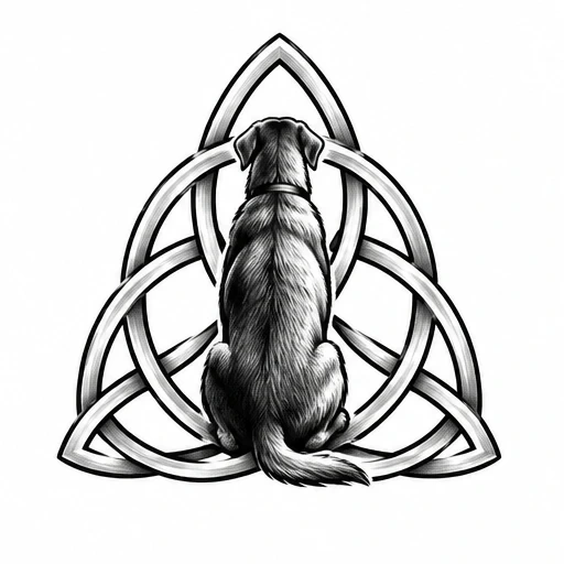 Black and gray drawing of a dog sitting inside a Celtic knot from the rear view