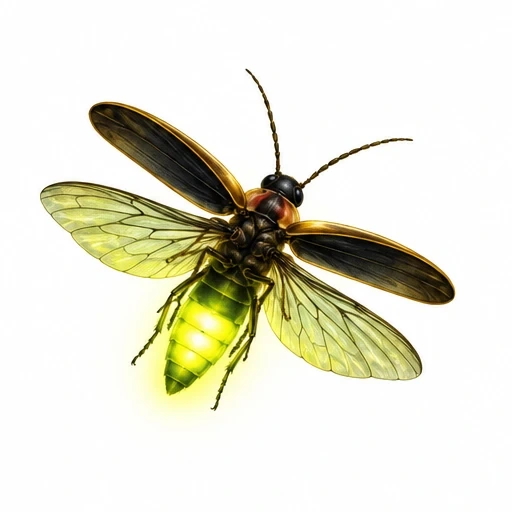 Detailed illustration of a glowing firefly with translucent yellow and black wings spread open