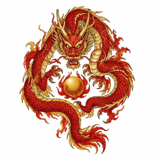 Red and gold Eastern dragon coiled fiercely around a golden flaming orb