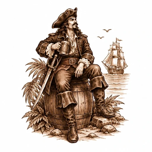 Sepia-tone illustration of a pirate captain sitting on a barrel holding a mug, with a ship sailing in the distance.