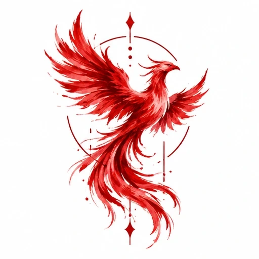 Red phoenix tattoo with wings spread and geometric circles and dots