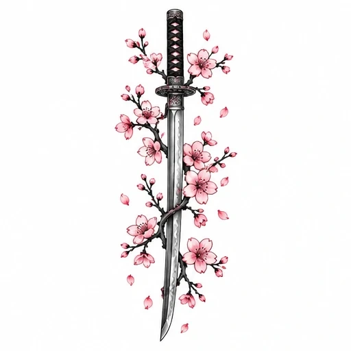 Katana sword wrapped with blooming pink cherry blossom branches and falling petals
