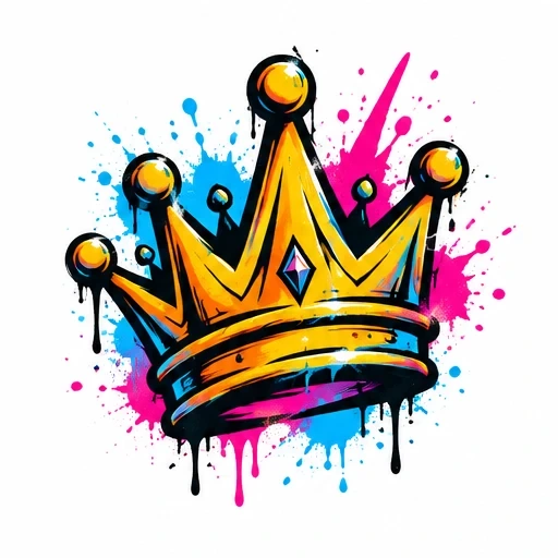 Yellow graffiti style crown with dripping edges over pink and blue paint splashes on white background