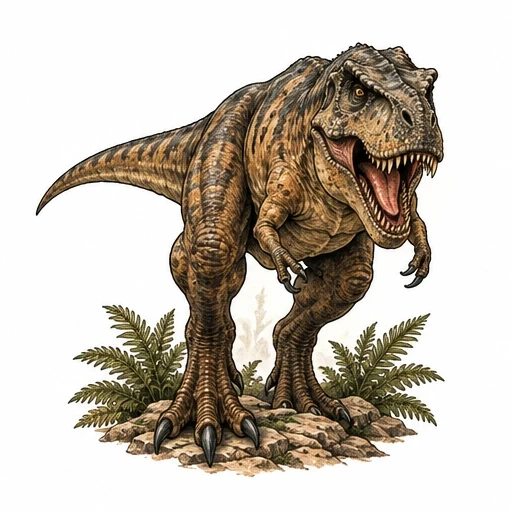 Detailed T. rex dinosaur roaring with open mouth and sharp teeth, standing on rocks with plants.