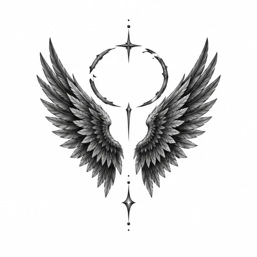 Symmetrical black fallen angel wings with a broken circle and star shapes between them