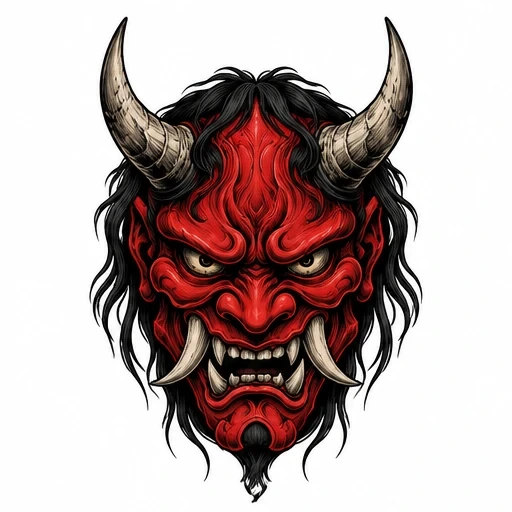 Red Japanese oni mask with large ivory horns, sharp tusks, black hair, and fierce eyes.