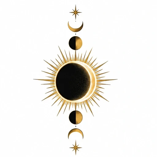 Vertical celestial tattoo design with black and gold eclipse, moons, and stars.