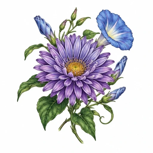 Purple aster flower with yellow center surrounded by blue morning glory blooms and green leaves on vine stems
