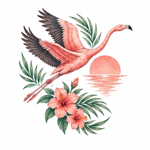 Watercolor tattoo design of a flying flamingo with tropical leaves, hibiscus flowers, and a coral sun setting over water.