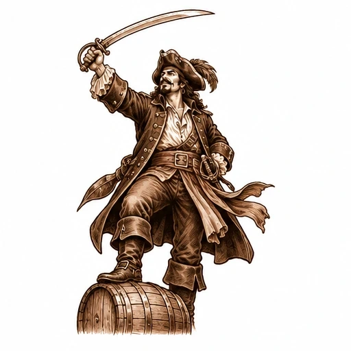 Sepia pirate standing on barrel holding saber aloft in classic Captain Morgan pose
