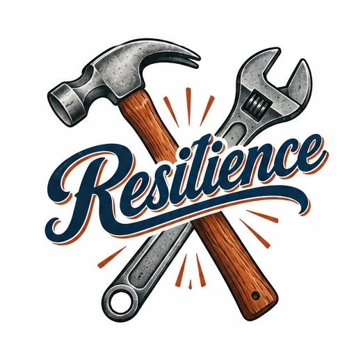 Crossed hammer and wrench with wooden handles and the word 'Resilience' in bold script with accent marks
