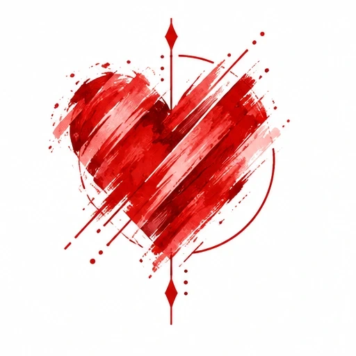 Red heart made of diagonal brush strokes with geometric lines and diamond shapes