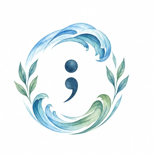 Watercolor semicolon tattoo with ocean waves and green leaves in a circular design