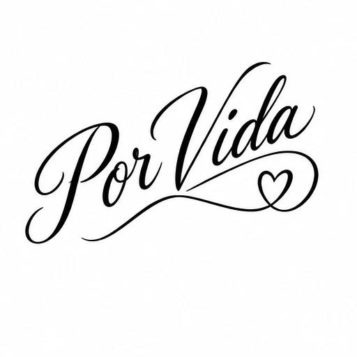 Black script tattoo reading 'Por Vida' with a trailing line forming a heart
